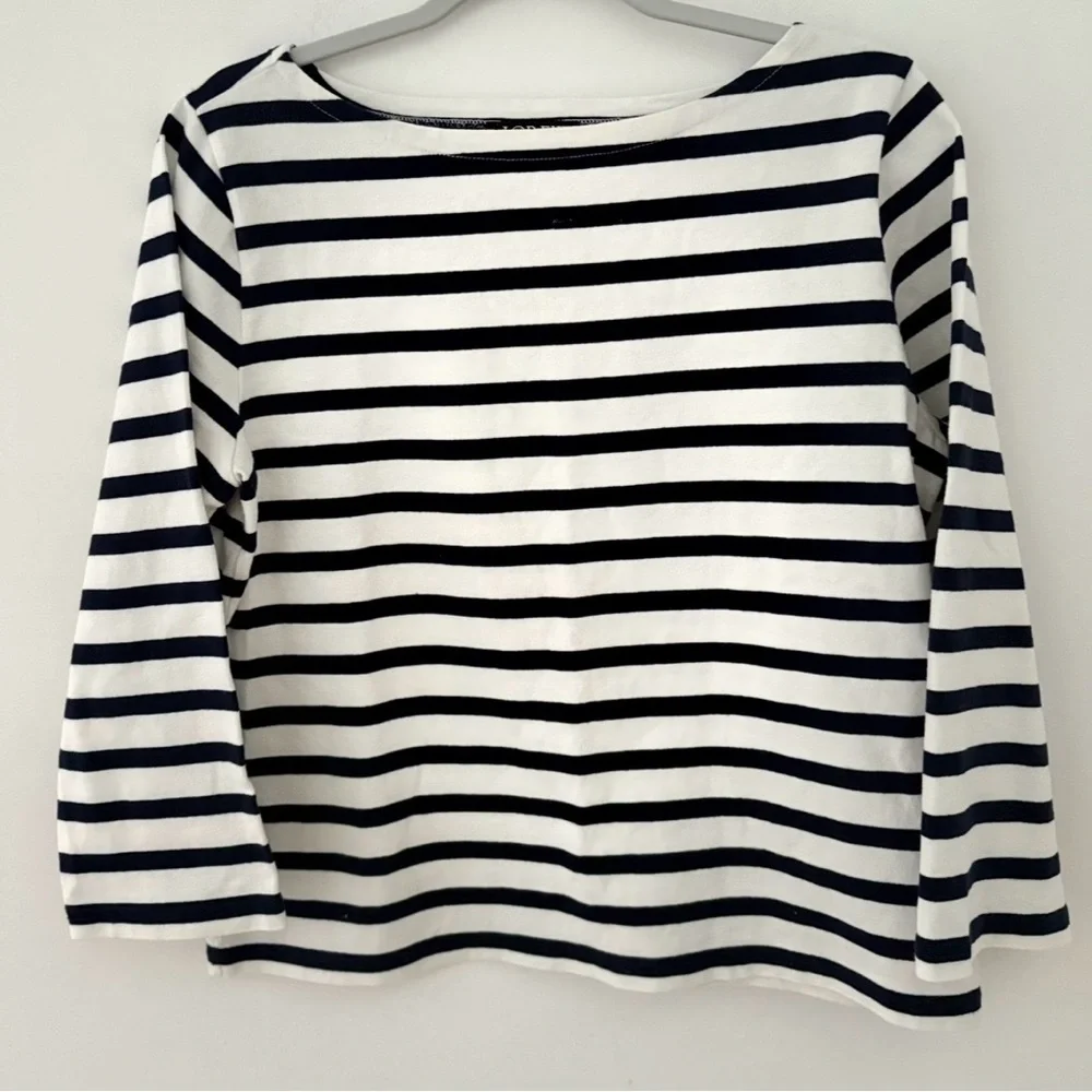 J Crew women boatneck white shirt black navy stripe size M Cotton 3/4 sleeve - Picture 2 of 8